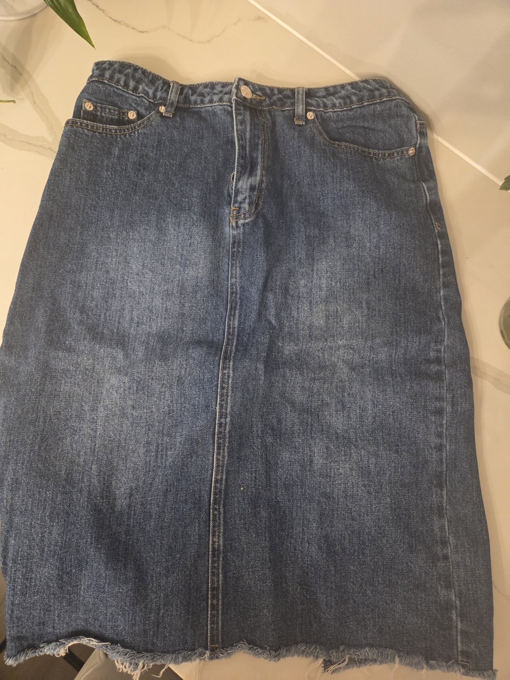 Edikted blue denim maxi skirt with frayed hem